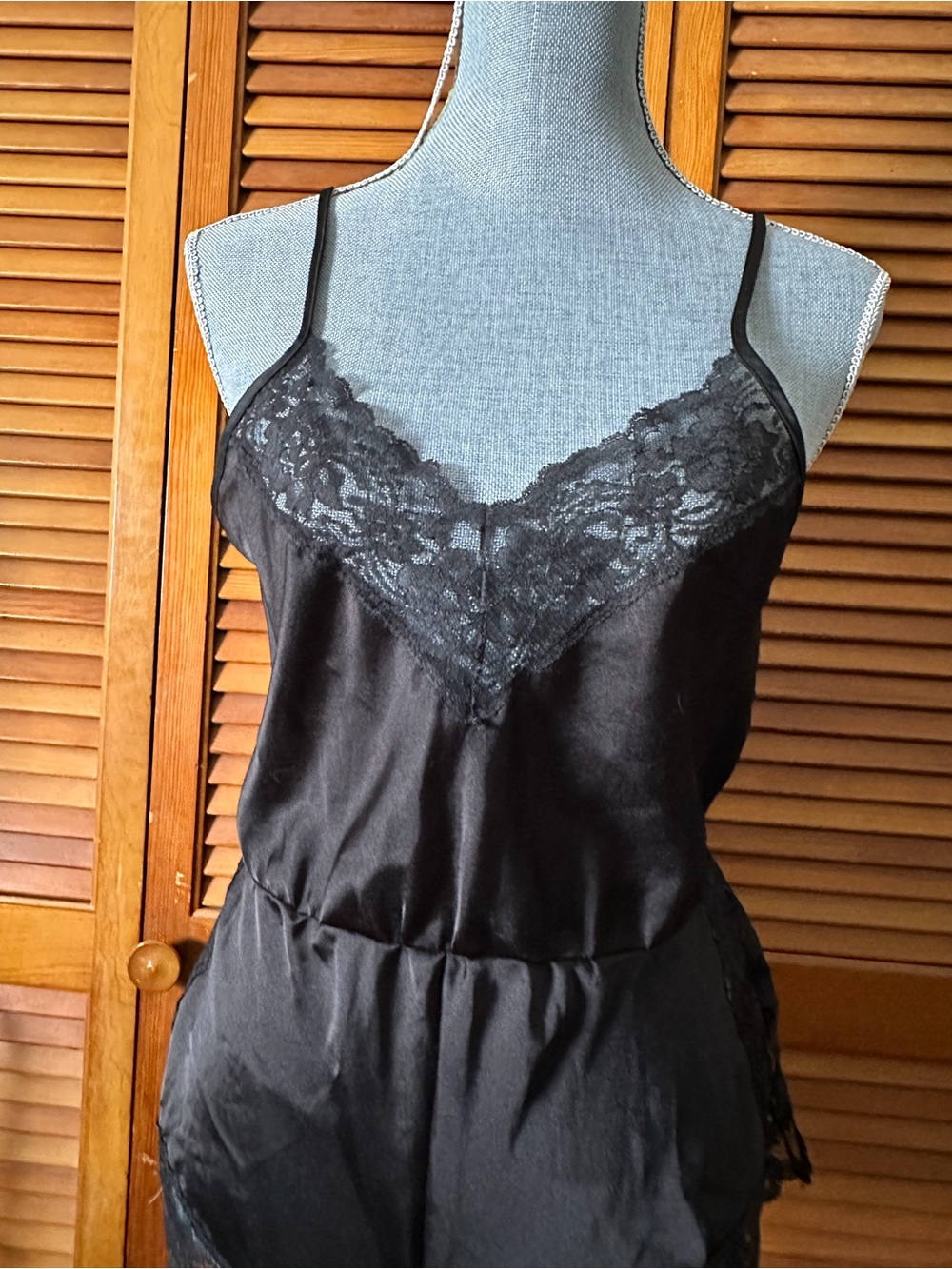 Vintage 80s Black Lace-Trim Satin Teddy Romper - Picture 6 of 11